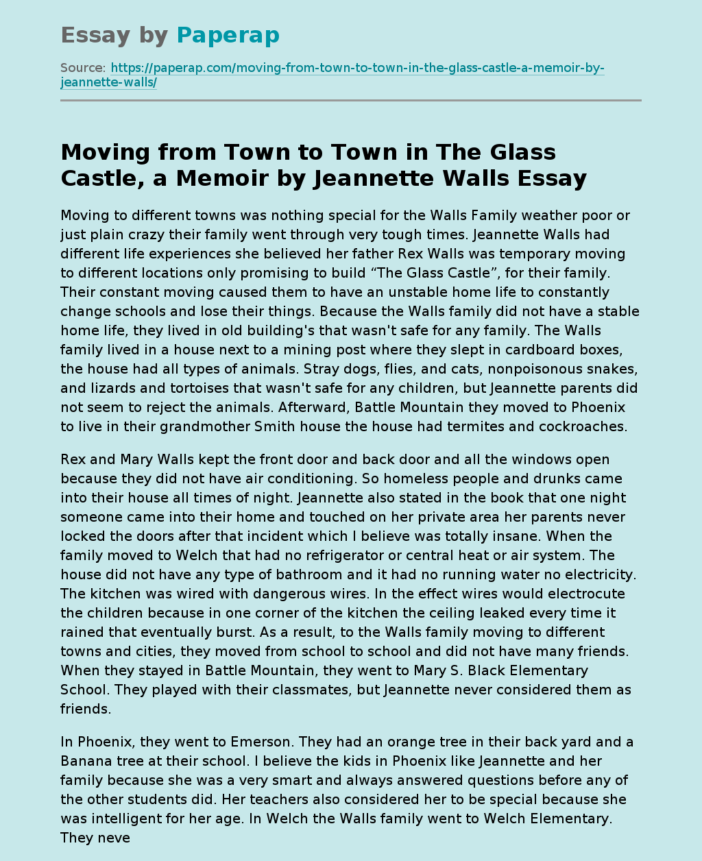 Moving from Town to Town in The Glass Castle, a Memoir by Jeannette Walls