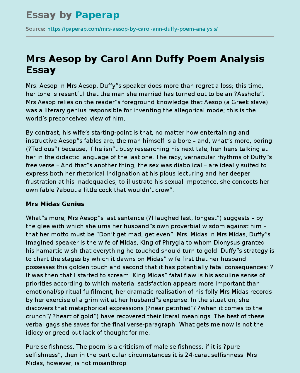 Mrs Aesop by Carol Ann Duffy Poem Analysis
