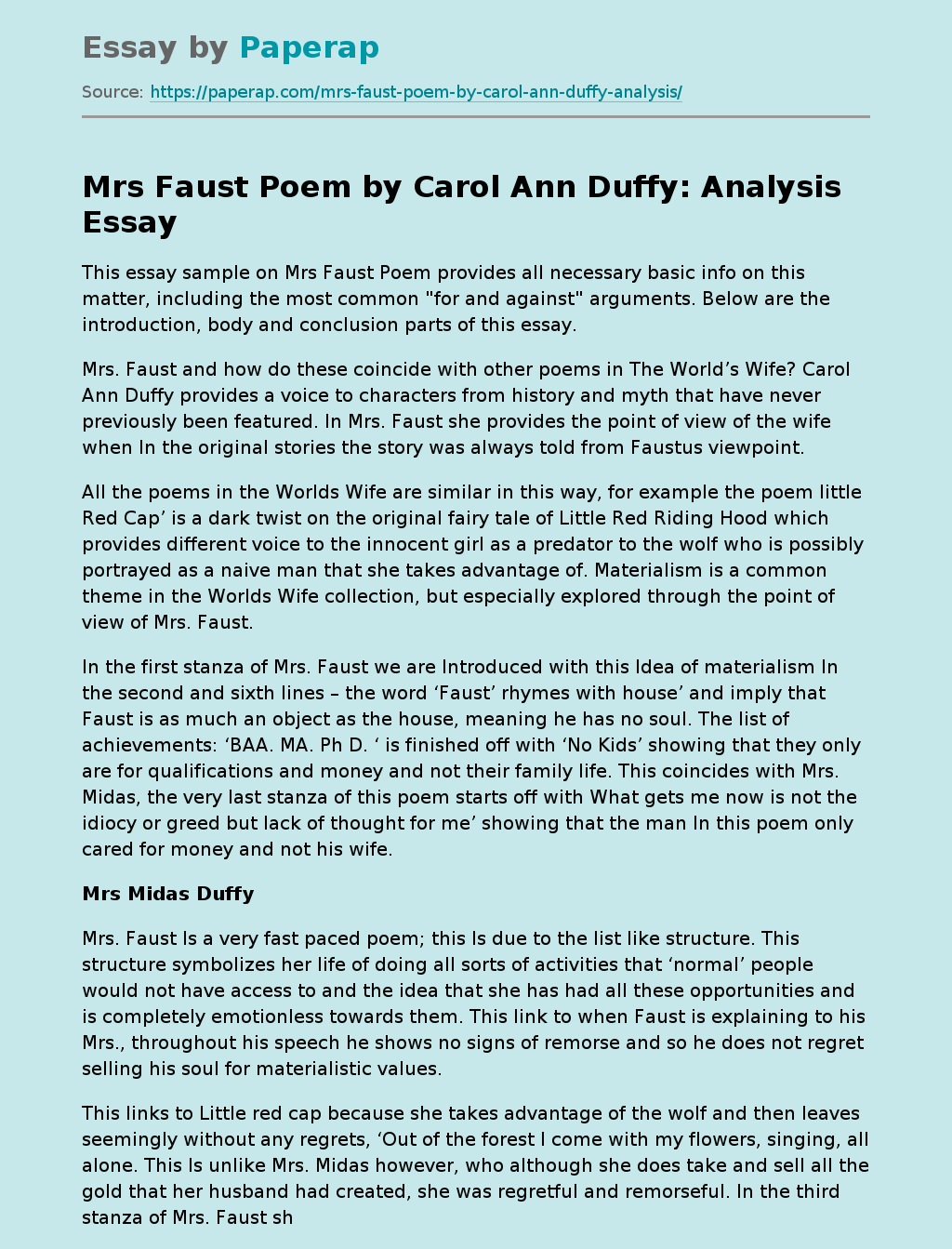 Mrs Faust Poem by Carol Ann Duffy: Analysis