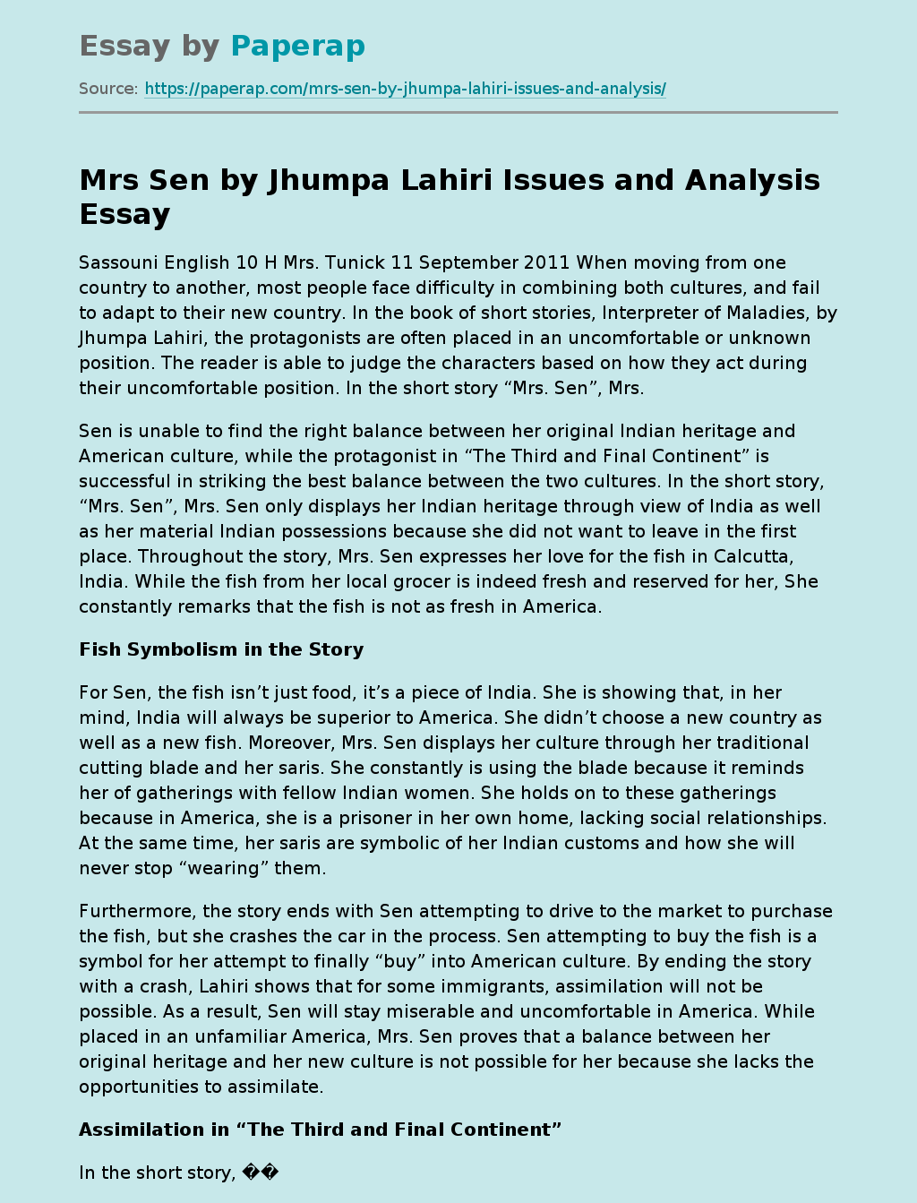 Mrs Sen by Jhumpa Lahiri Issues and Analysis