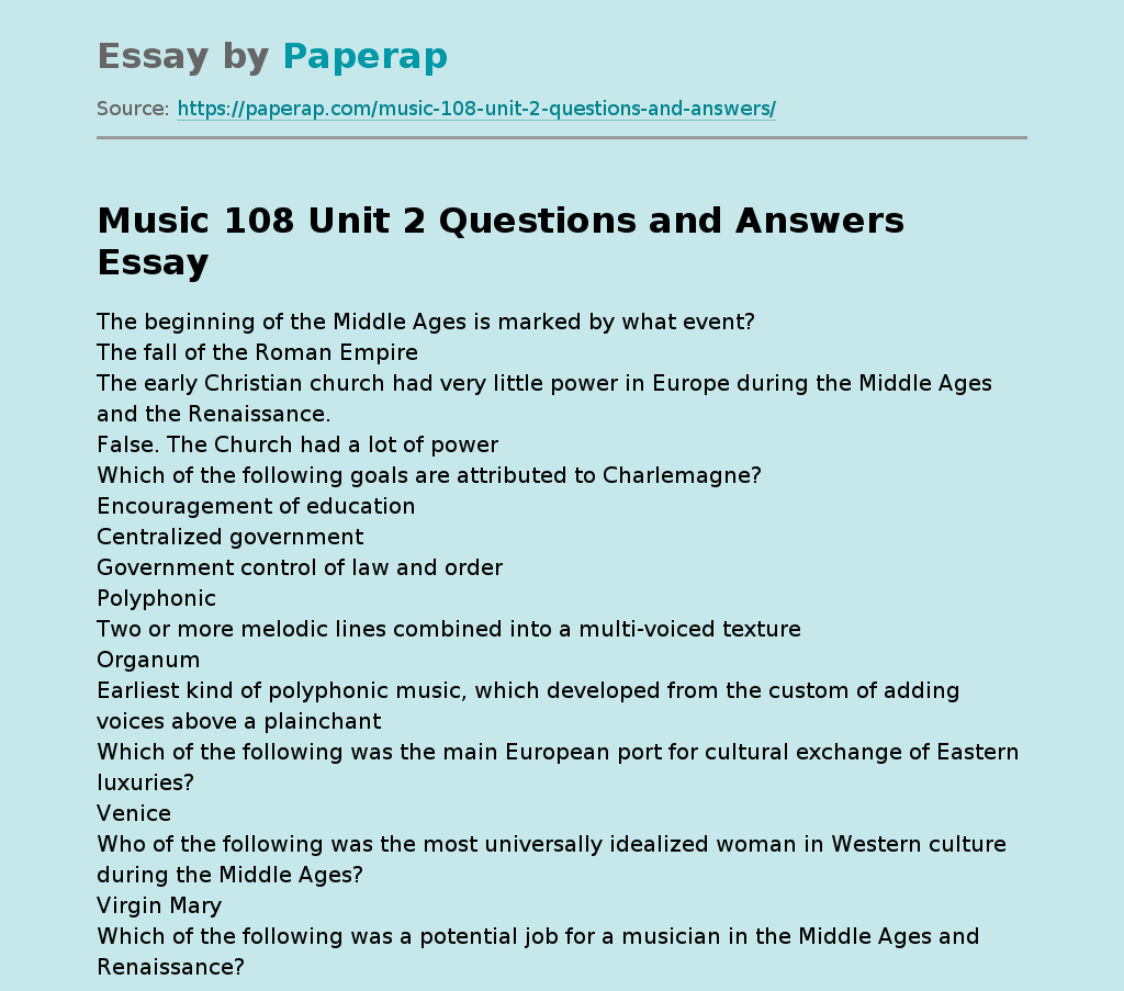 Music 108 Unit 2 Questions and Answers