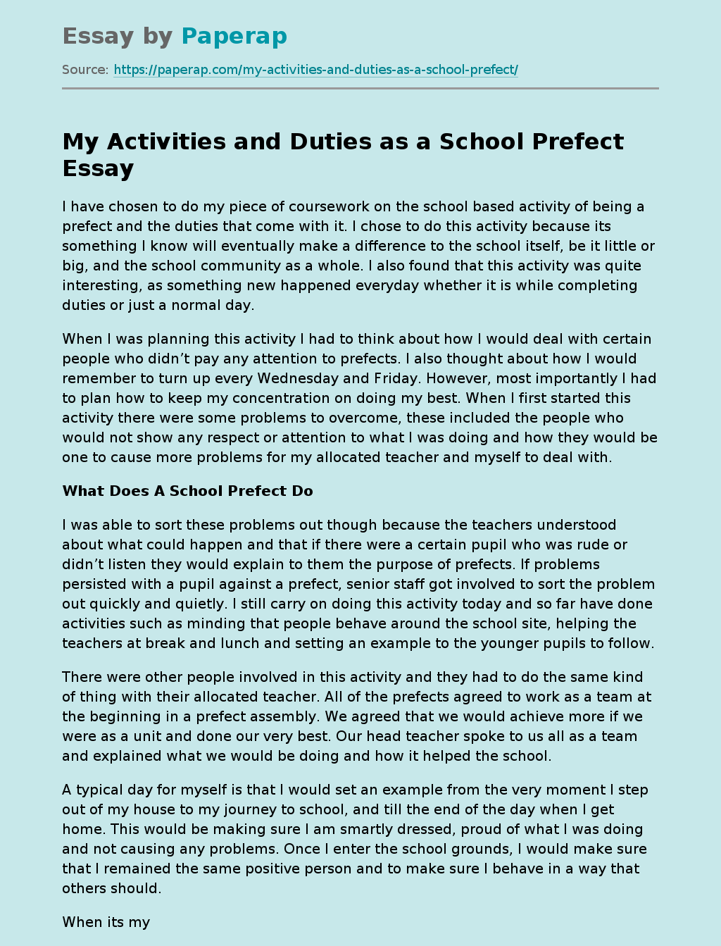 My Activities and Duties as a School Prefect