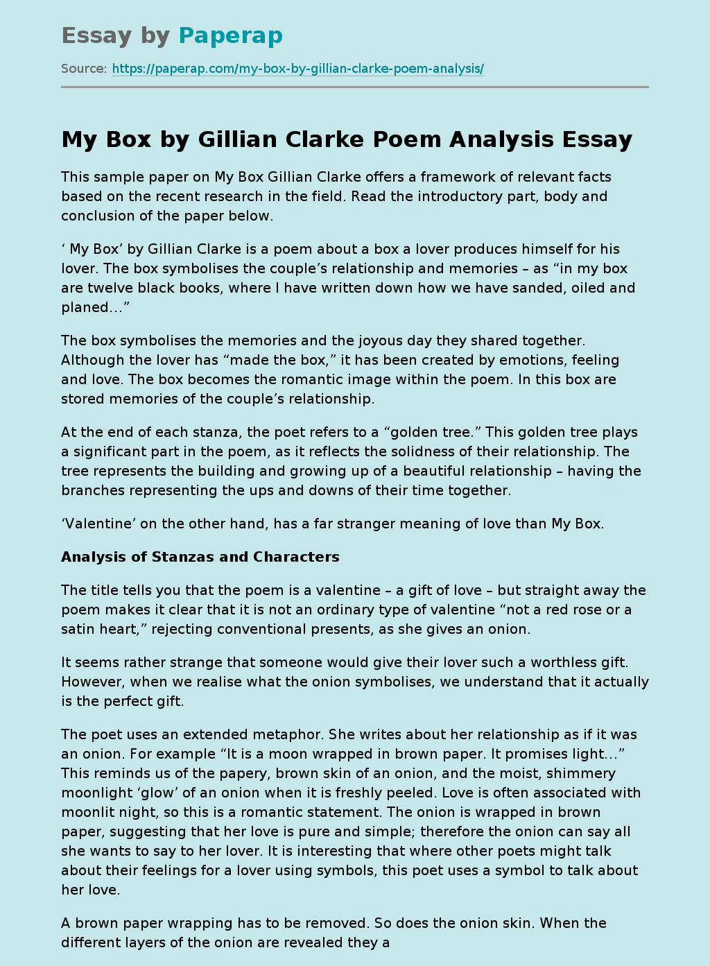 My Box by Gillian Clarke Poem Analysis