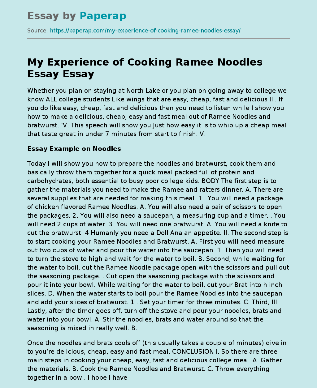 My Experience of Cooking Ramee Noodles Essay