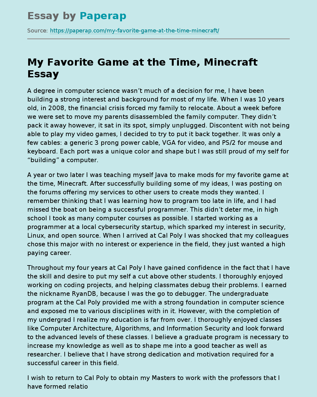 My Favorite Game at the Time, Minecraft