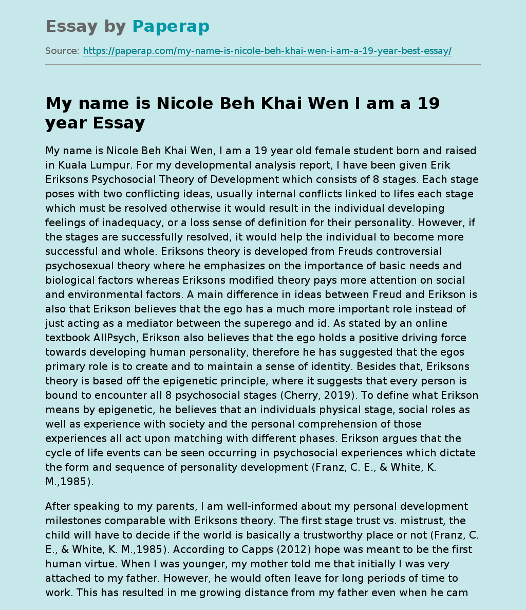 My name is Nicole Beh Khai Wen I am a 19 year