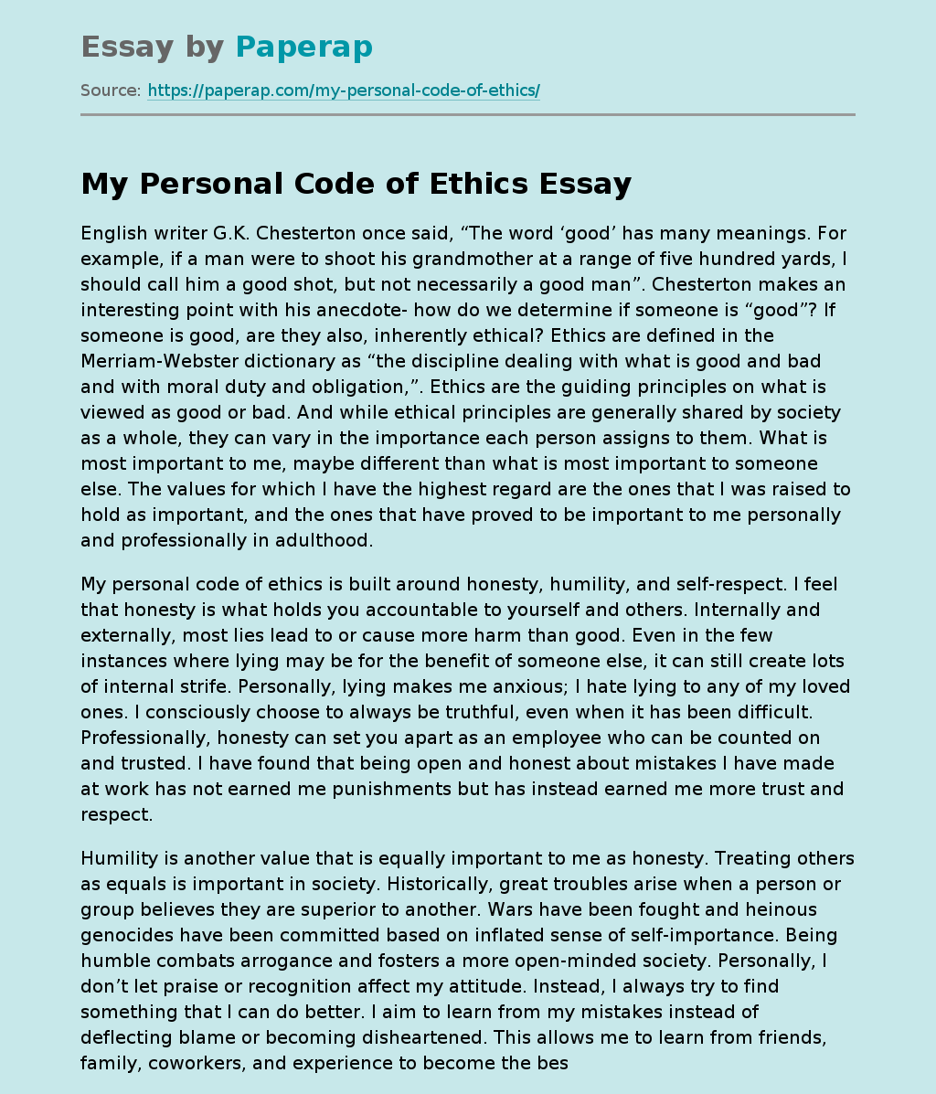 my personal code of ethics paper