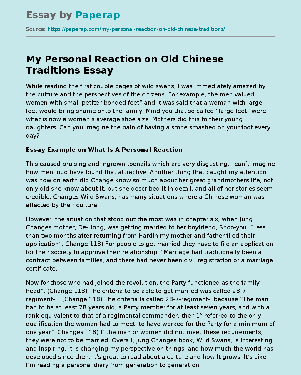 My Personal Reaction on Old Chinese Traditions