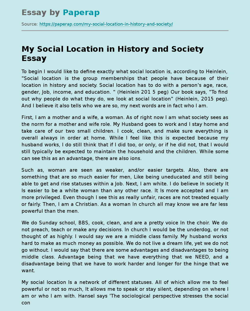 My Social Location in History and Society