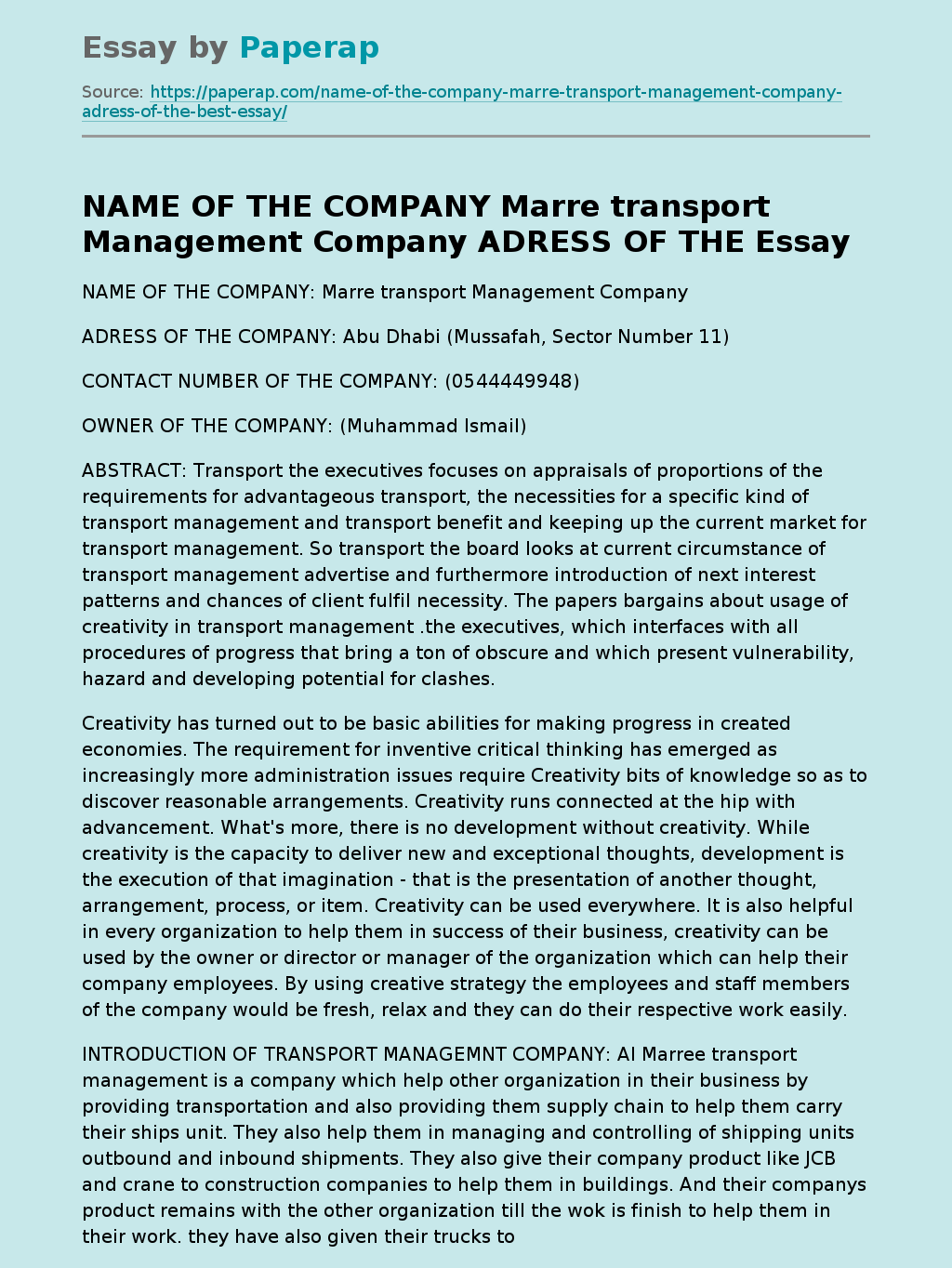 NAME OF THE COMPANY Marre transport Management Company ADRESS OF THE