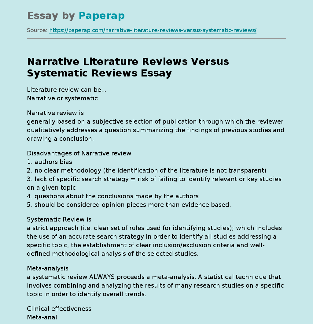 Narrative Literature Reviews Versus Systematic Reviews Free Essay Example