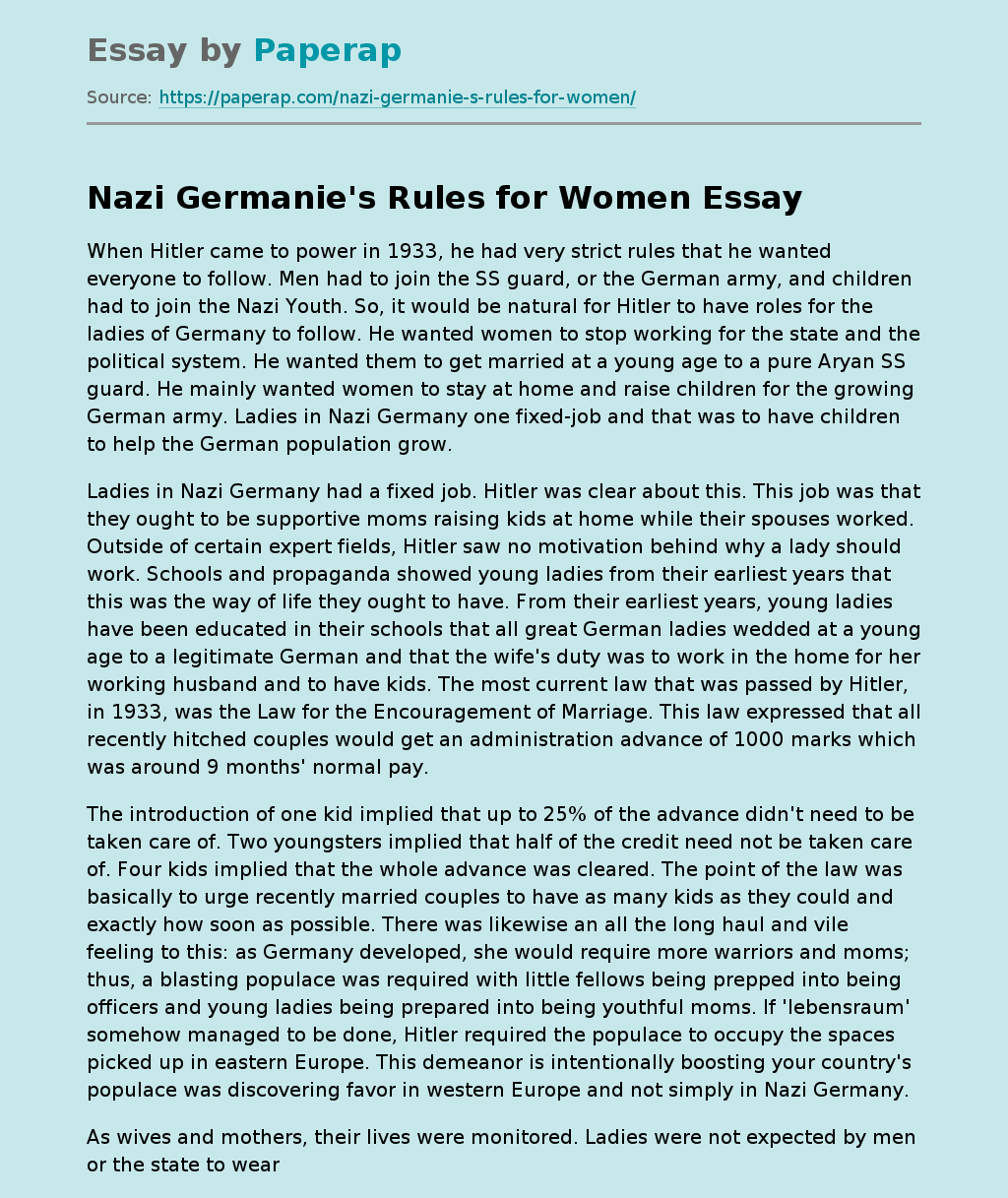 Nazi Germanie's Rules for Women