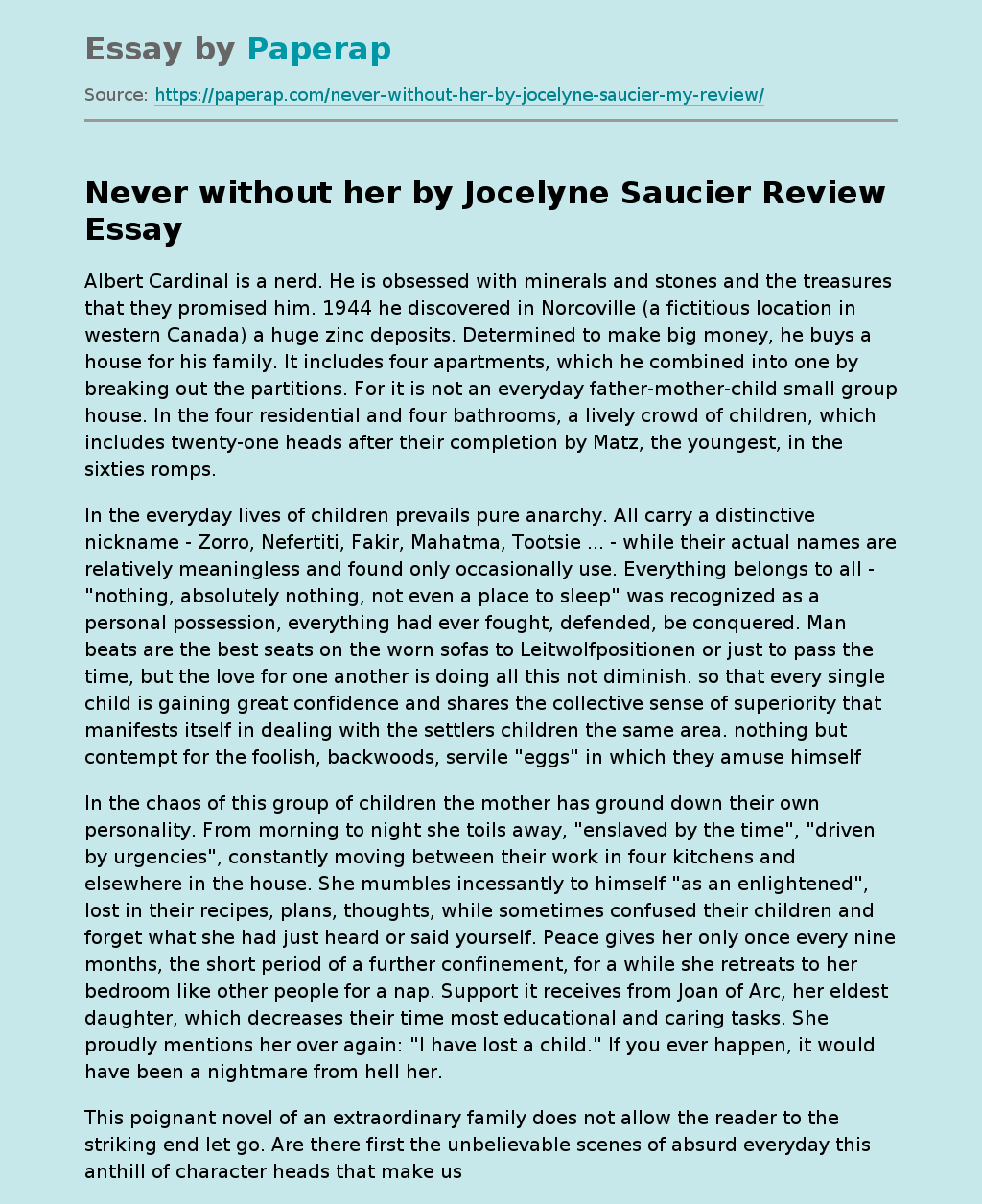 Never without her by Jocelyne Saucier Review