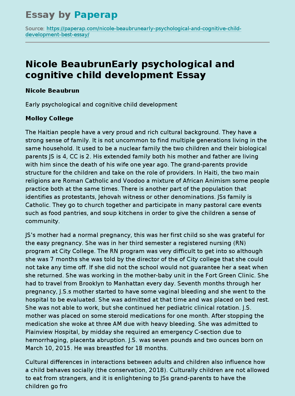 Early Psychological and Cognitive Child Development