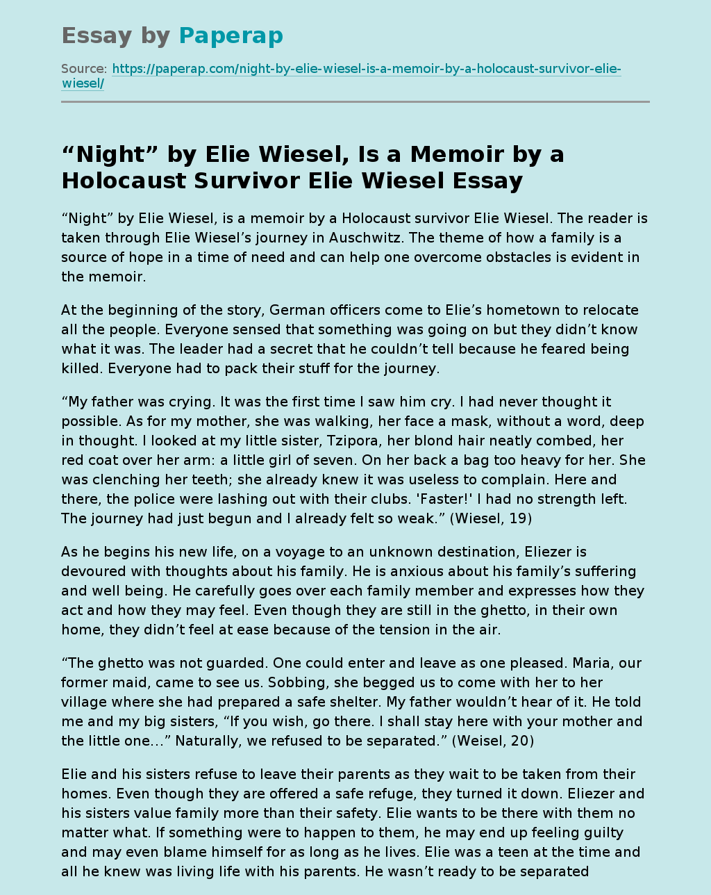 “Night” by Elie Wiesel, Is a Memoir by a Holocaust Survivor Elie Wiesel