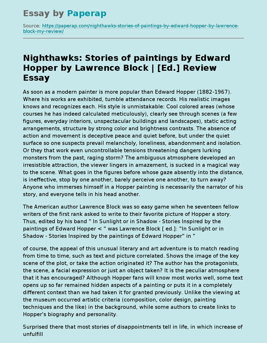Nighthawks: Stories of paintings by Edward Hopper by Lawrence Block My Review