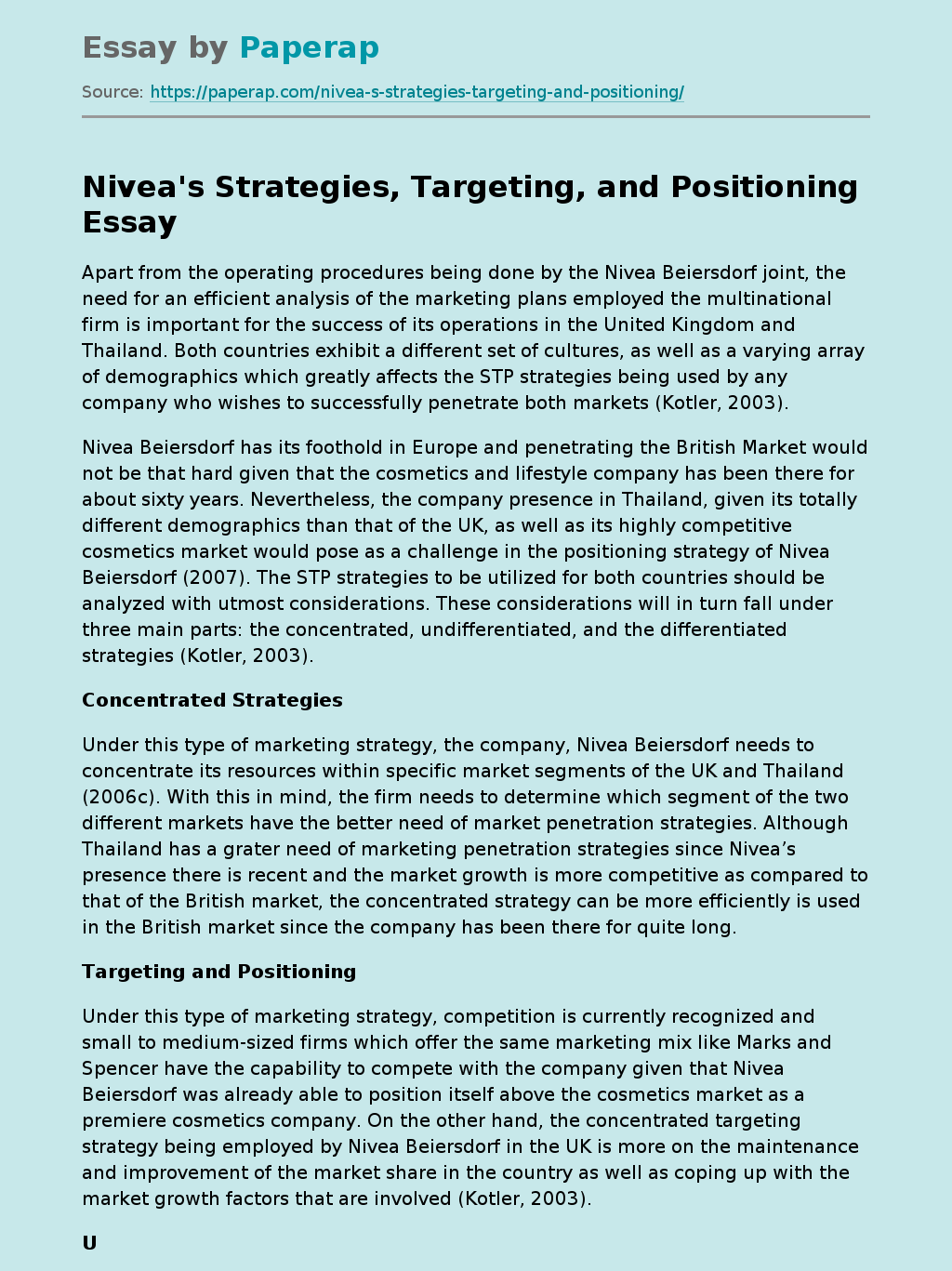 Nivea's Strategies, Targeting, and Positioning