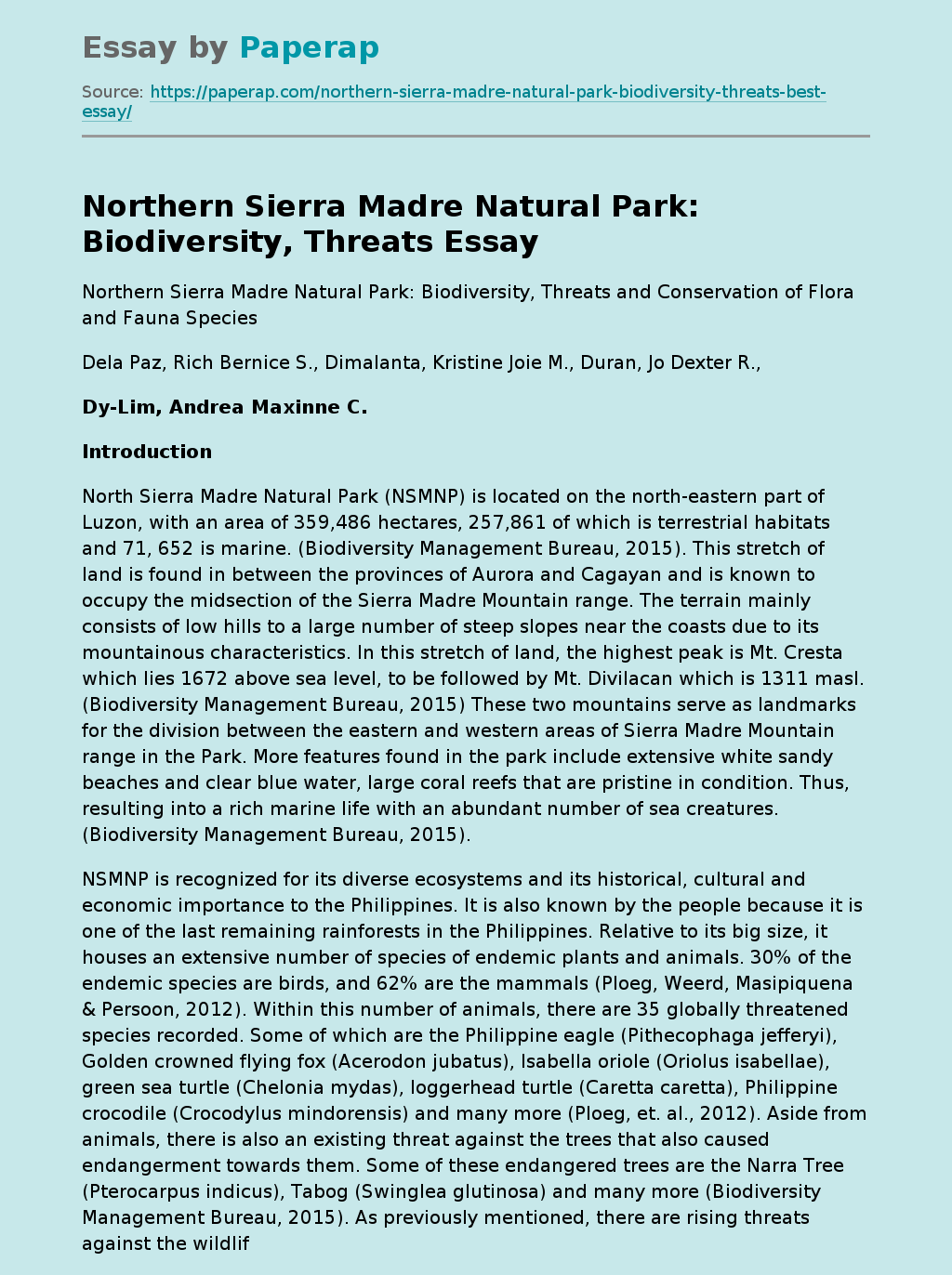 Northern Sierra Madre Natural Park: Biodiversity, Threats