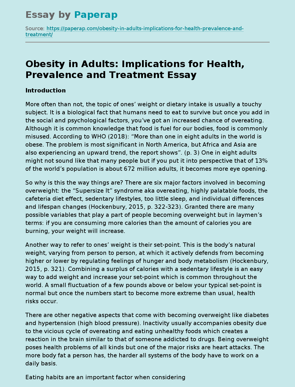 Obesity in Adults: Implications for Health, Prevalence and Treatment
