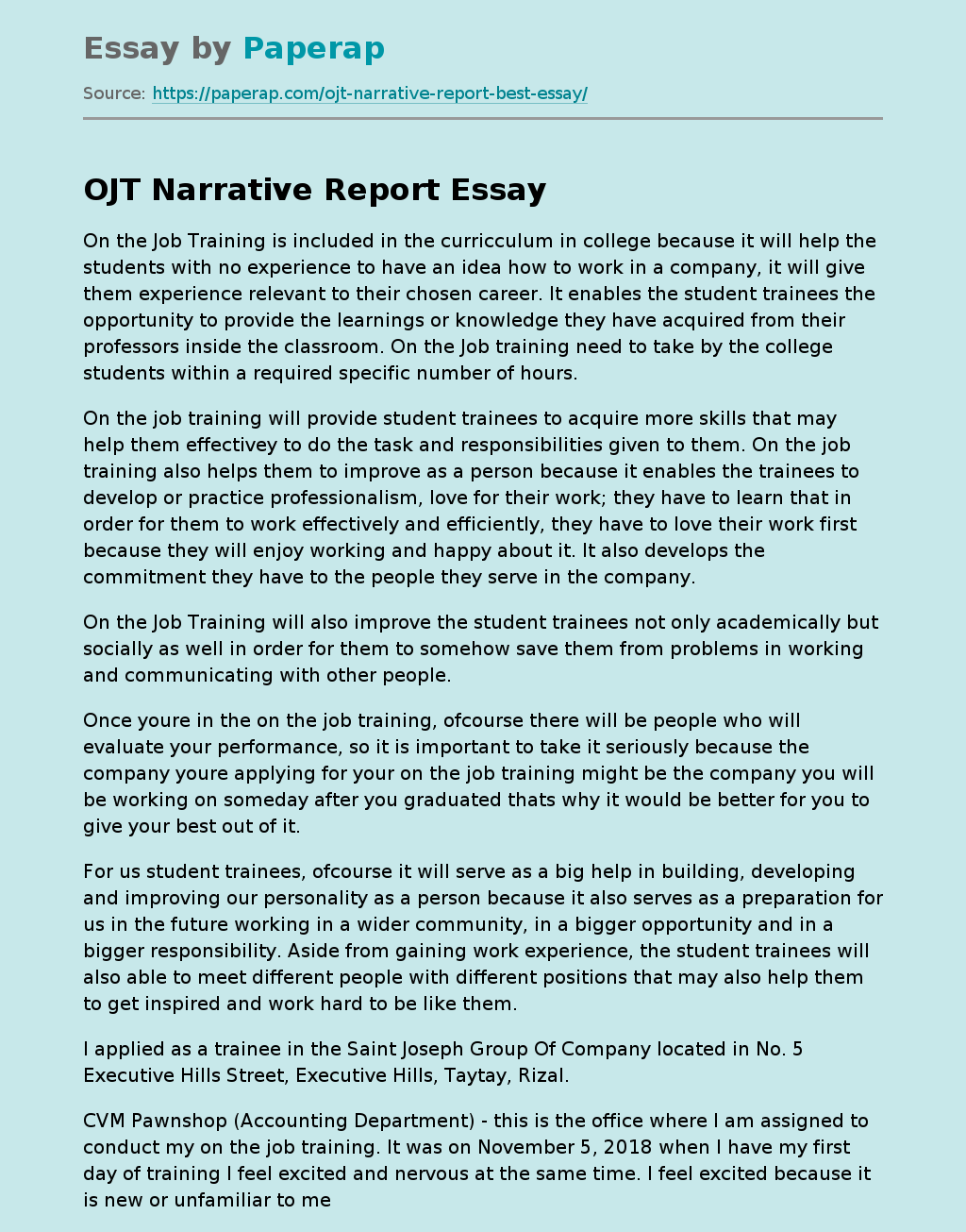 OJT Narrative Report