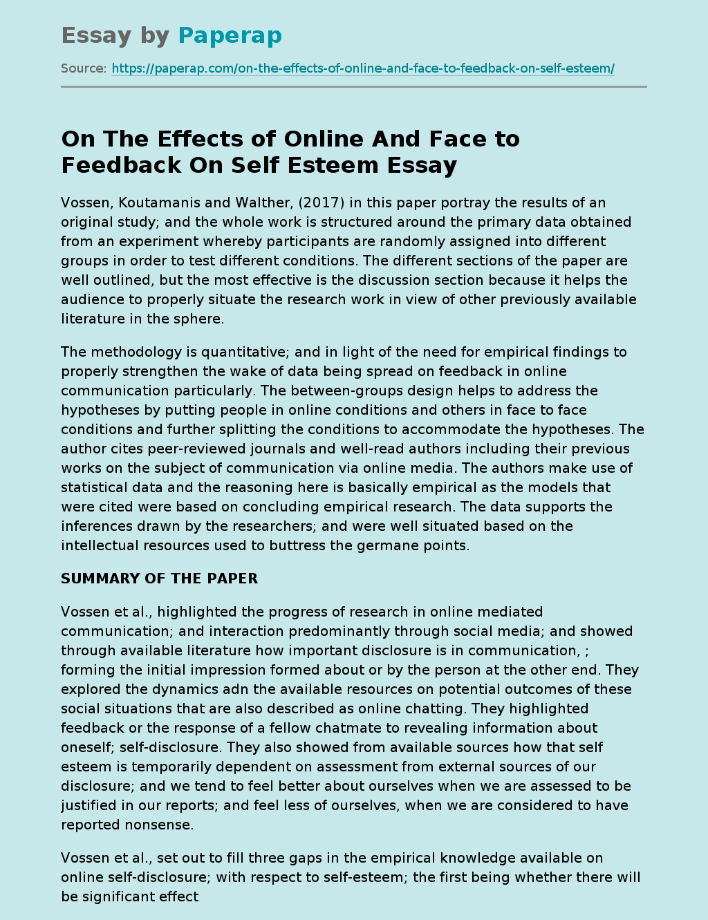 On The Effects of Online And Face to Feedback On Self Esteem