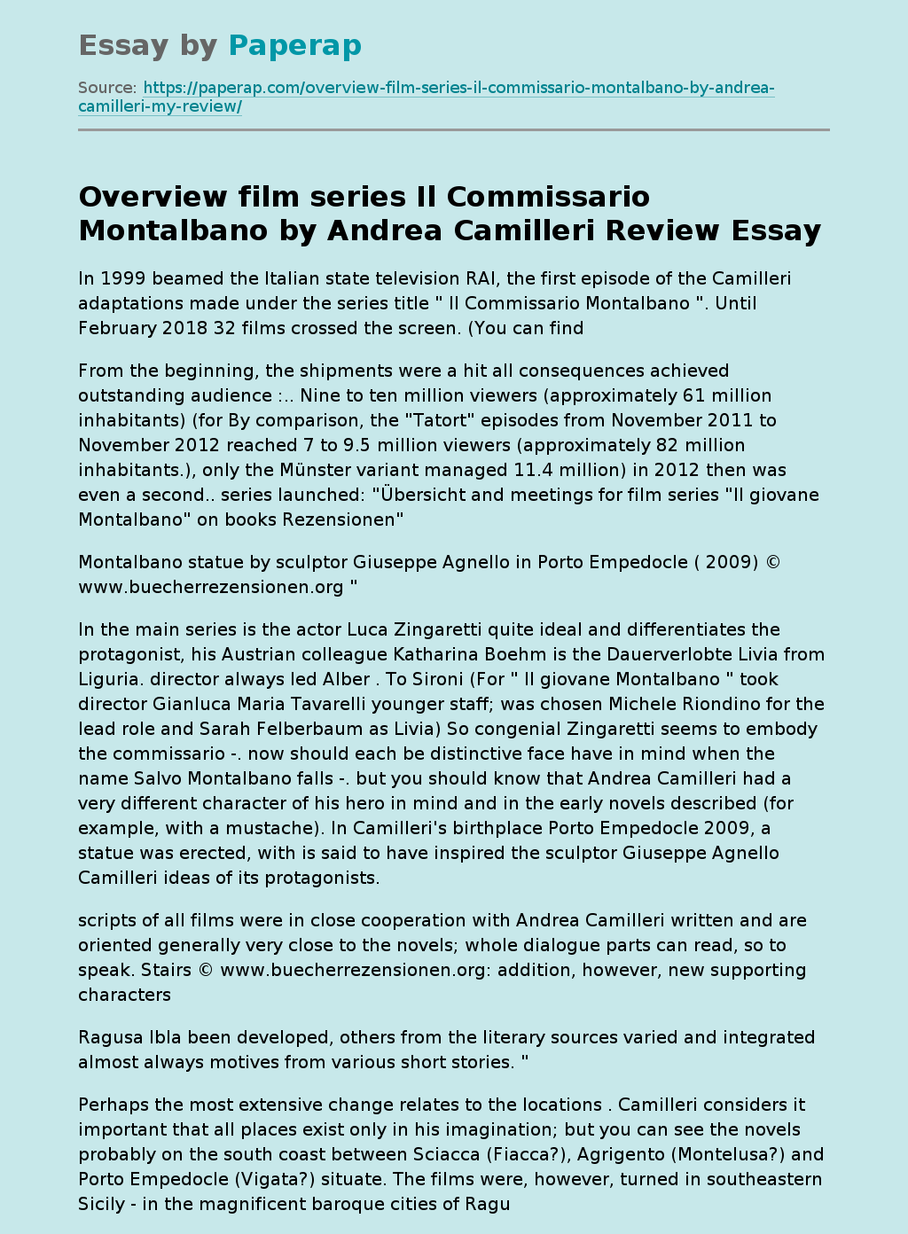 Overview film series Il Commissario Montalbano by Andrea Camilleri Review
