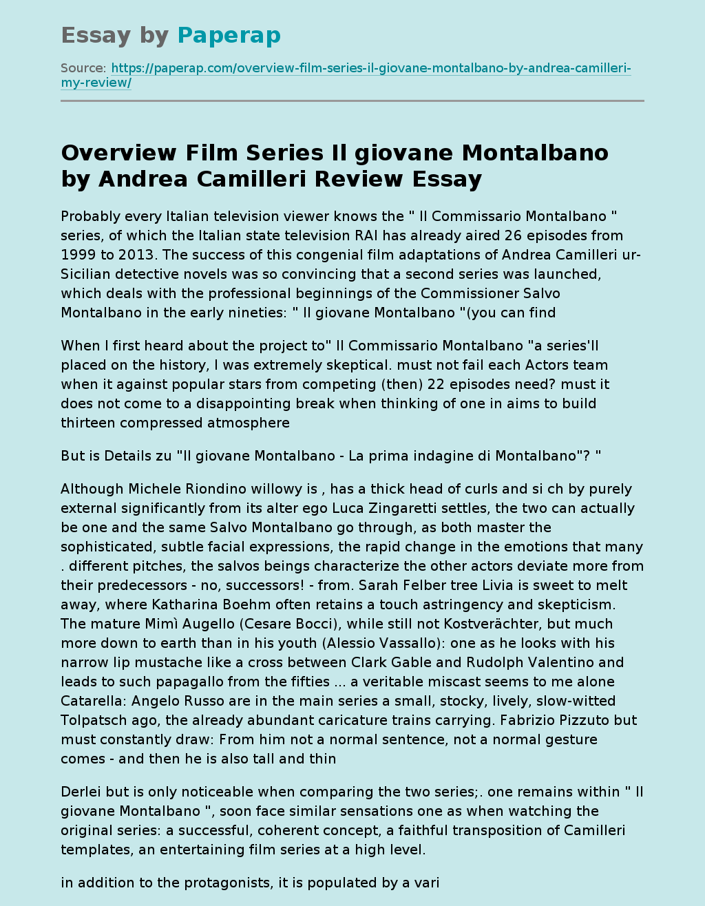 Overview Film Series Il giovane Montalbano by Andrea Camilleri Review