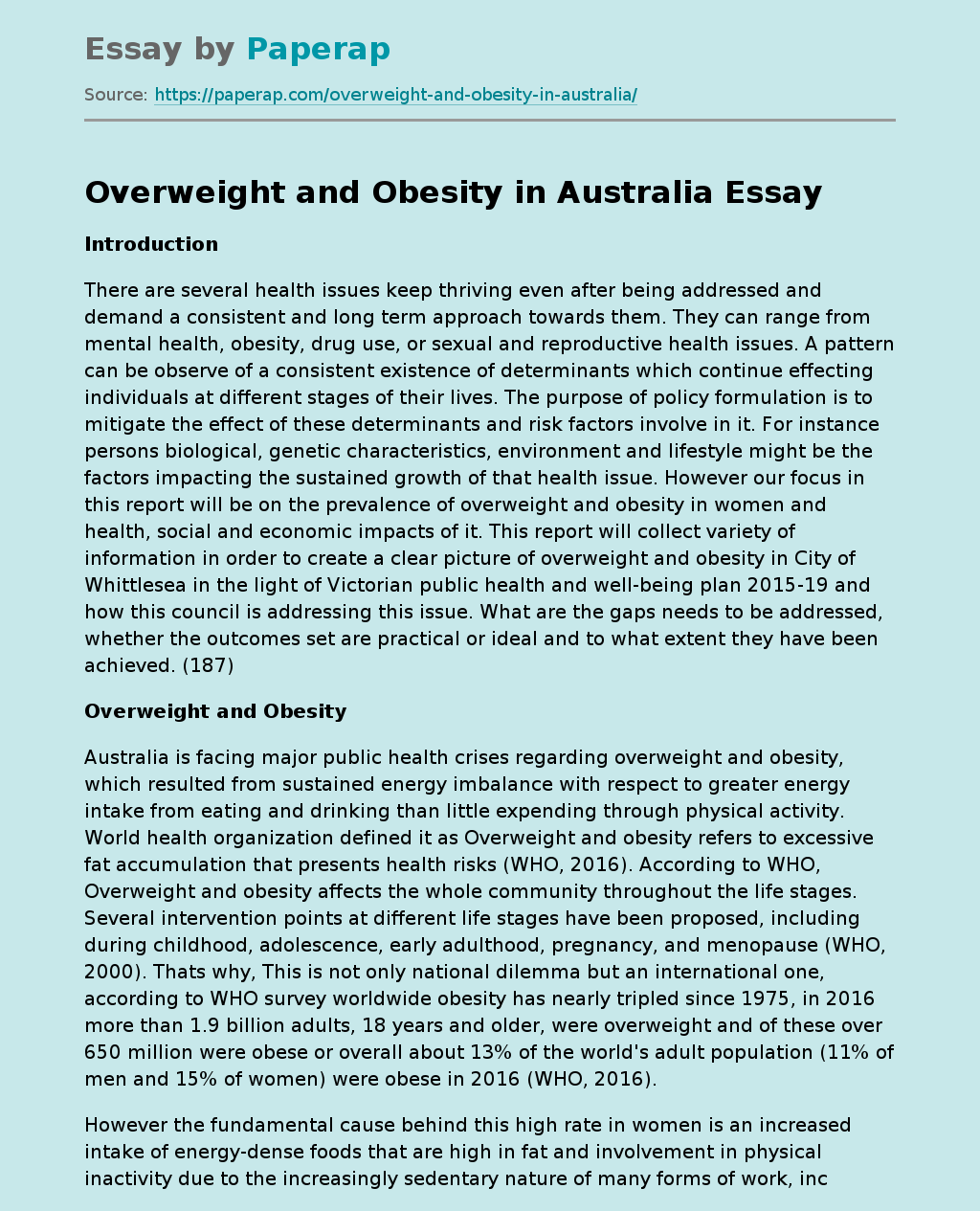 Overweight and Obesity in Australia