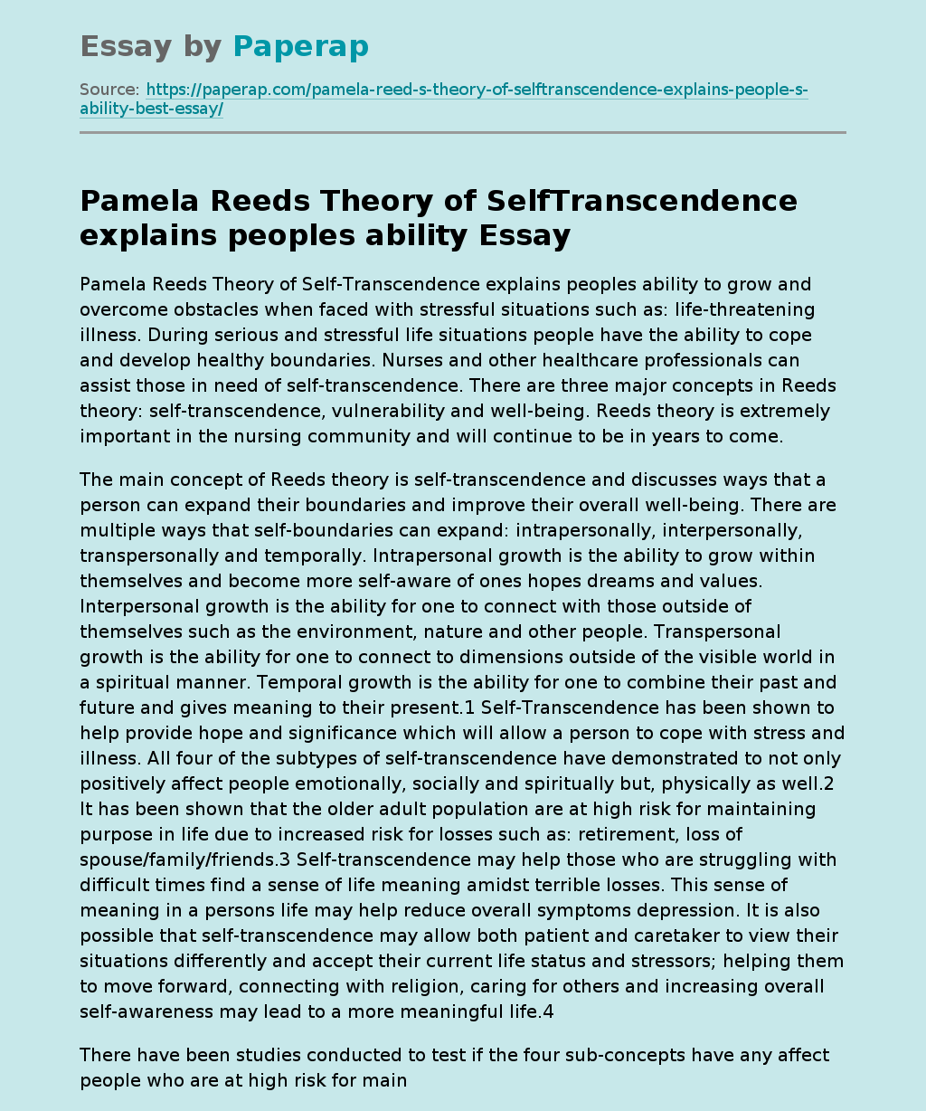 Pamela Reeds Theory of SelfTranscendence explains peoples ability
