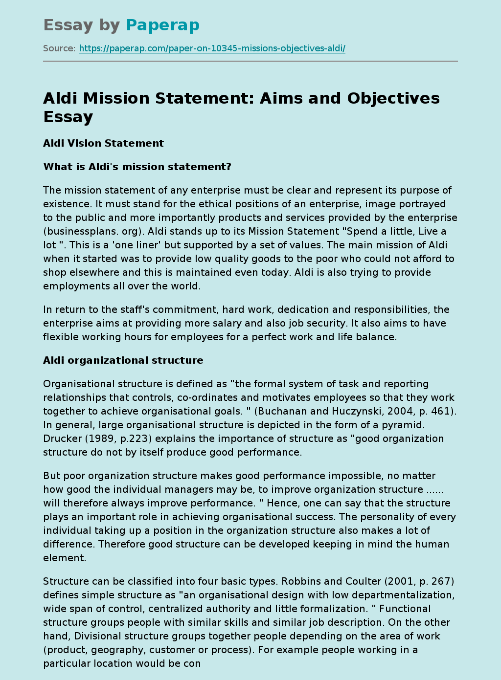 Aldi Mission Statement: Aims and Objectives