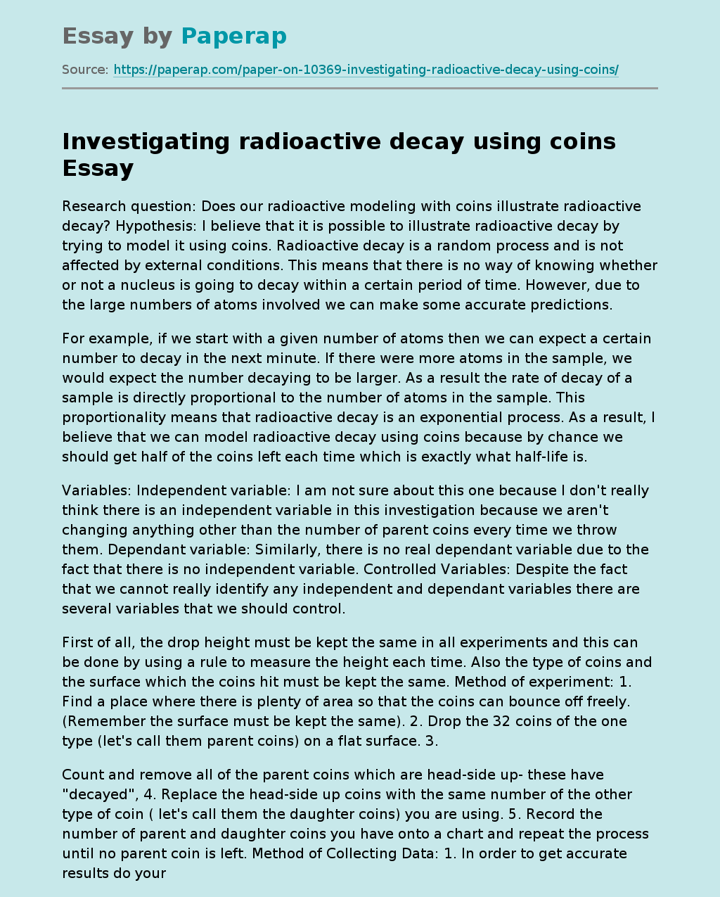 Does Our Radioactive Modeling With Coins Illustrate Radioactive Decay?