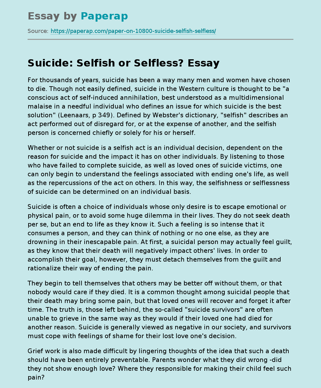 Suicide: Selfish or Selfless?