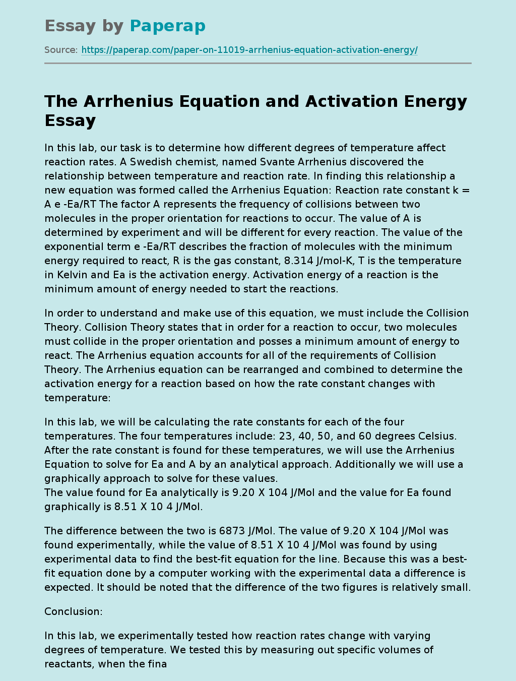 The Arrhenius Equation and Activation Energy