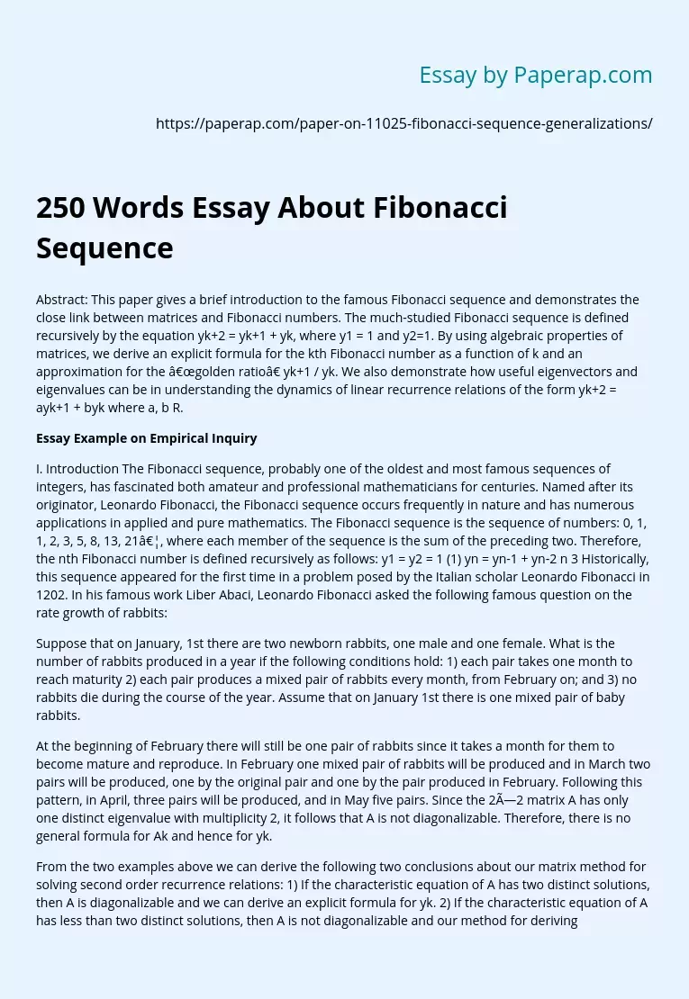 250 Words Essay About Fibonacci Sequence