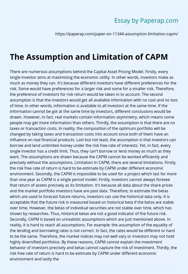 The Assumption and Limitation of CAPM