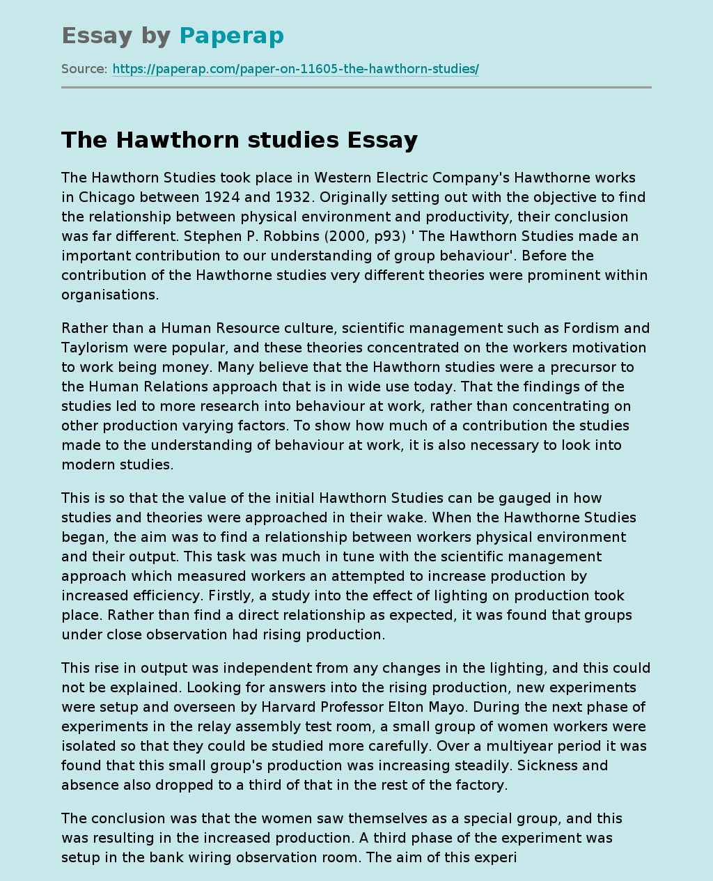 Hawthorn Studies and Analysis of Group Behavior