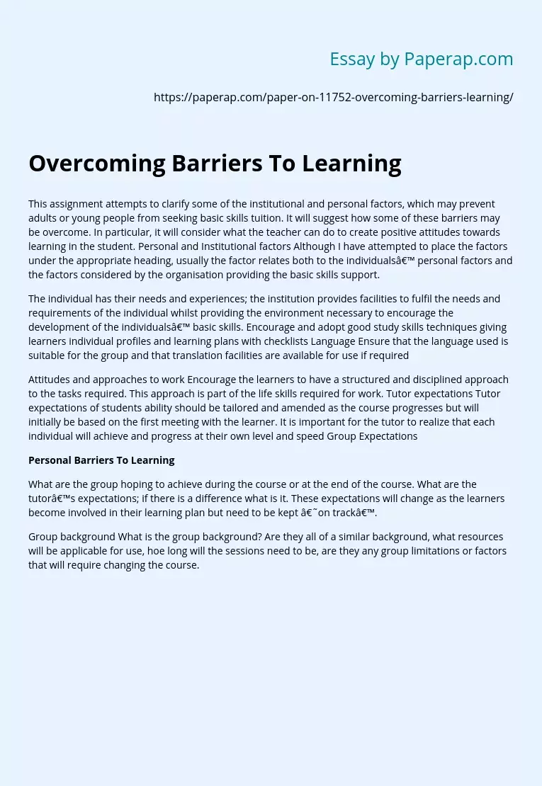 Overcoming Barriers To Learning