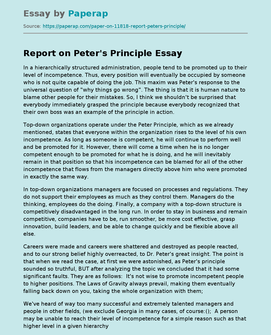 Report on Peter's Principle