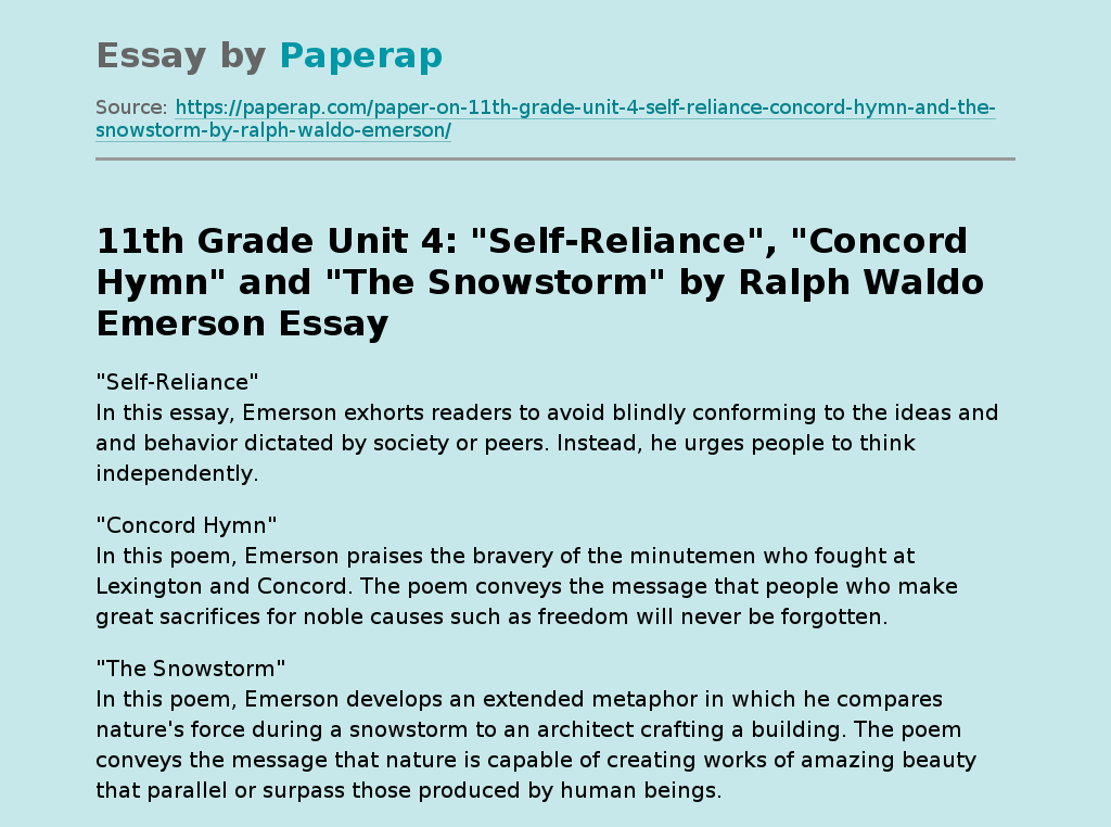 11th Grade Unit 4: "Self-Reliance", "Concord Hymn" and "The Snowstorm" by Ralph Waldo Emerson