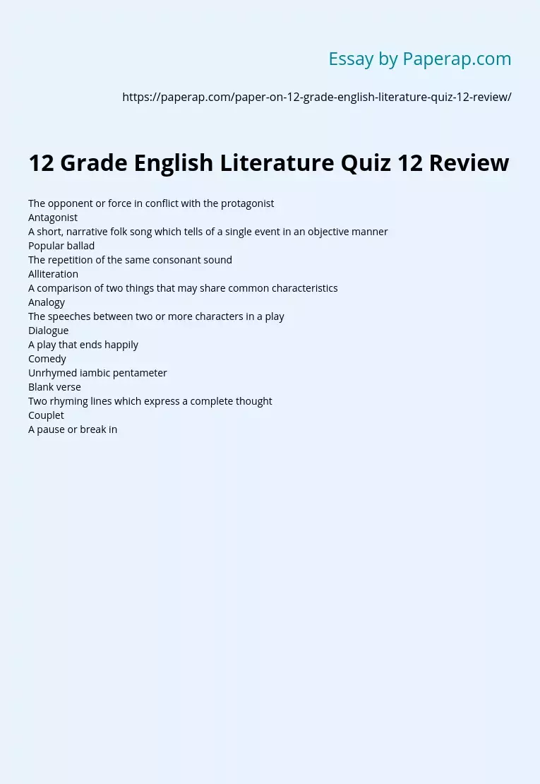 12 Grade English Literature Quiz 12 Review