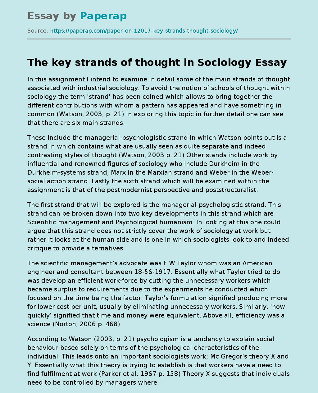 The key strands of thought in Sociology