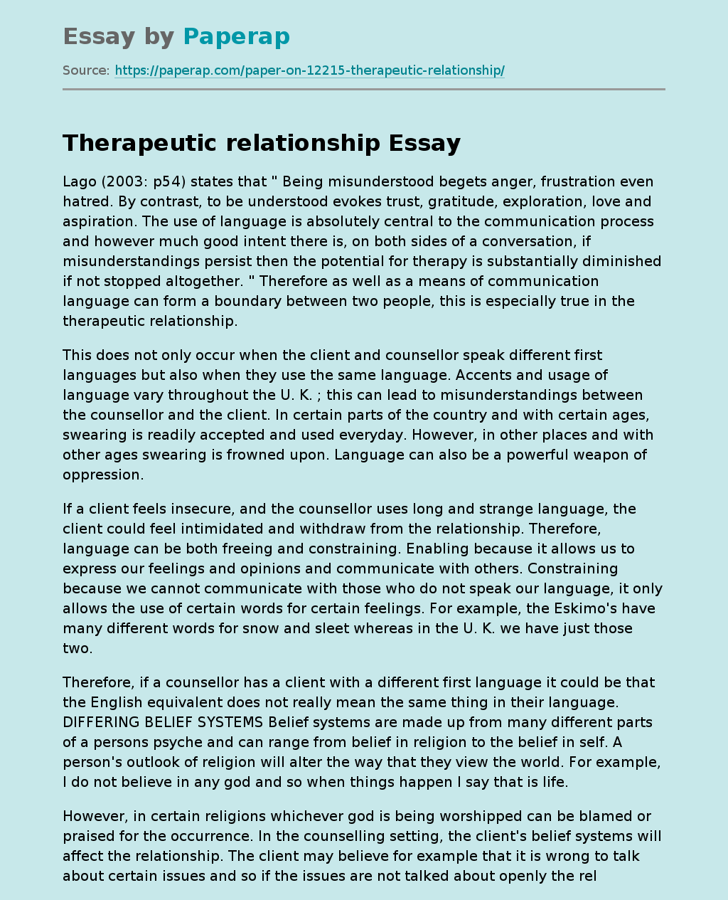 Therapeutic Relationship Between Counselor and Client