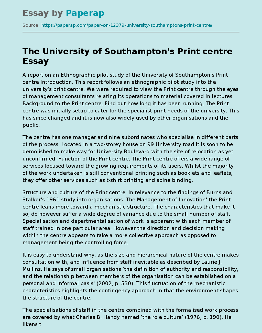 Ethnographic Pilot Study of the University of Southampton’s Print Centre