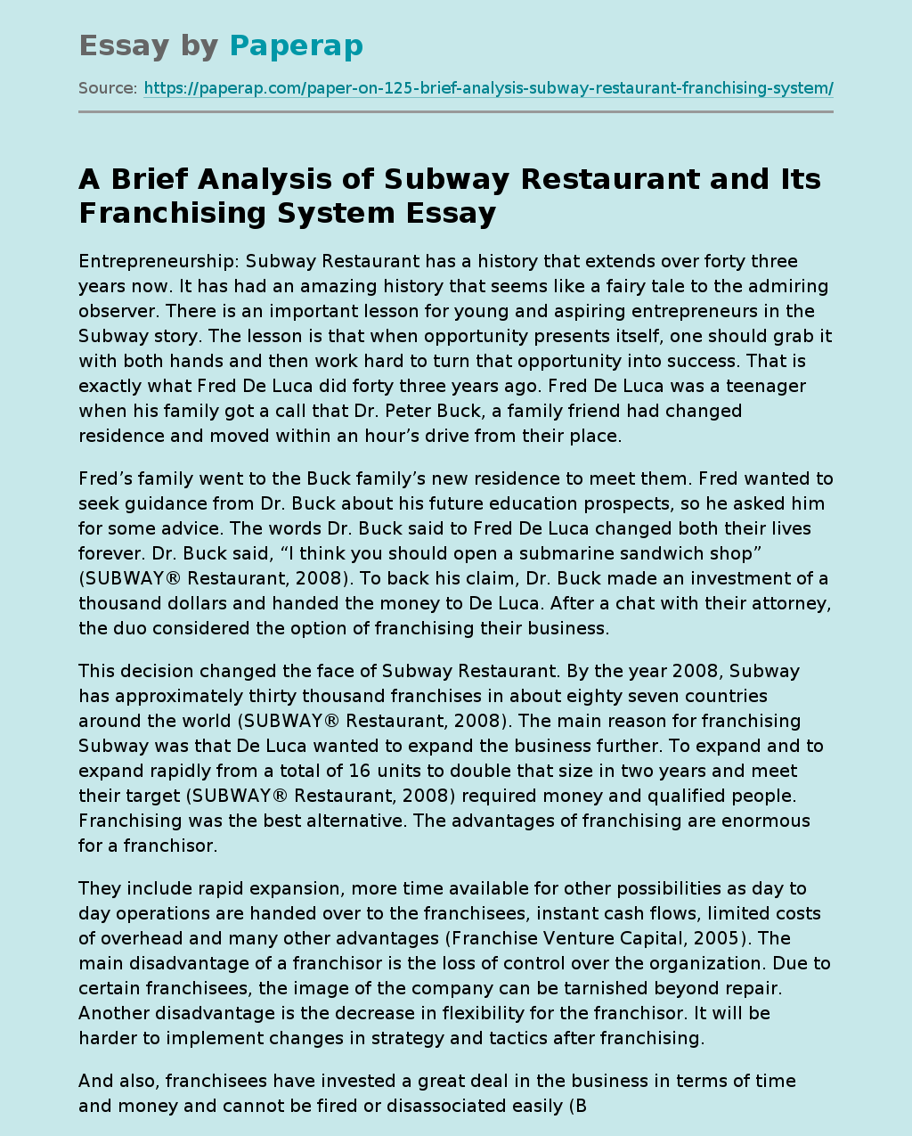 A Brief Analysis of Subway Restaurant and Its Franchising System