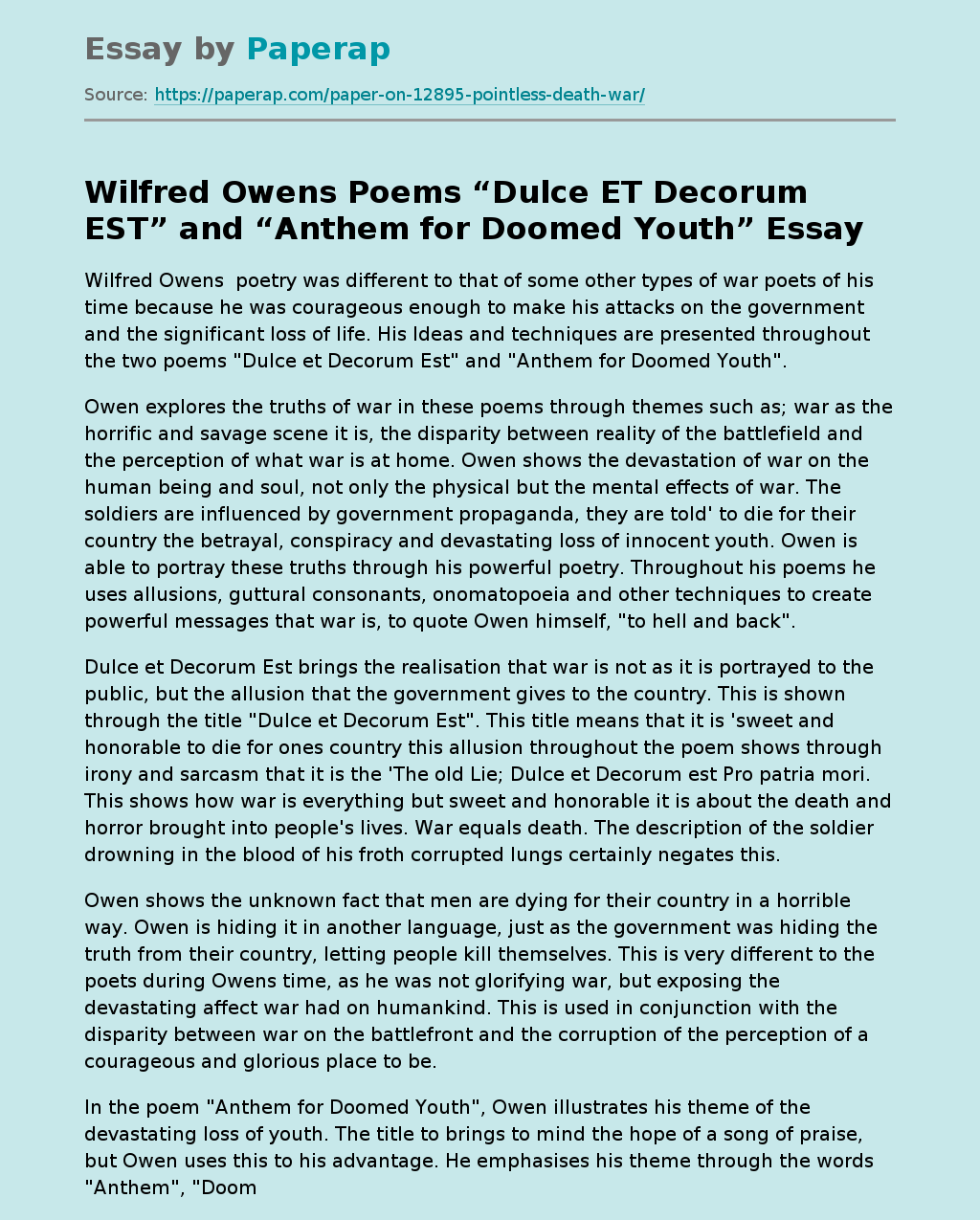 Wilfred Owens Poems “Dulce ET Decorum EST” and “Anthem for Doomed Youth”