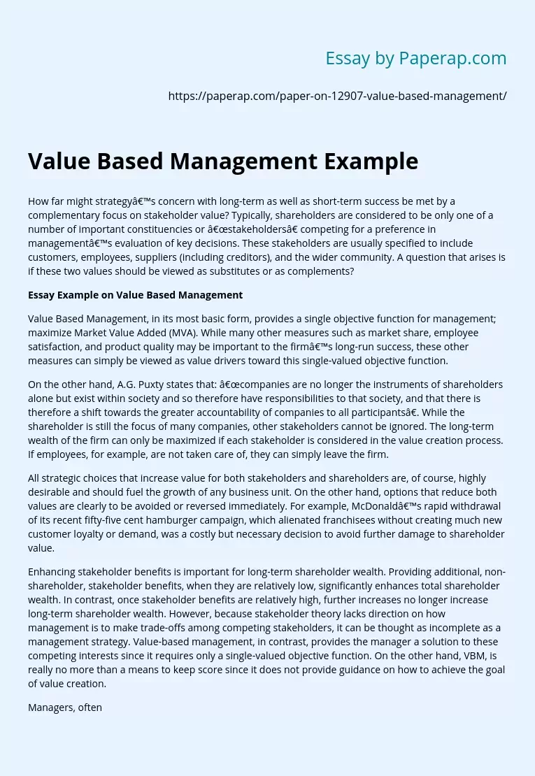 Value Based Management Example