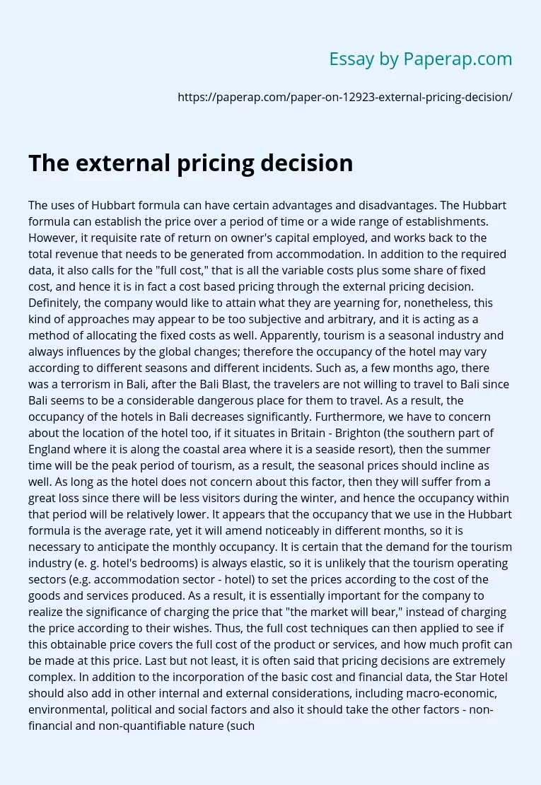 The External Pricing Decision: Hubbart Formula