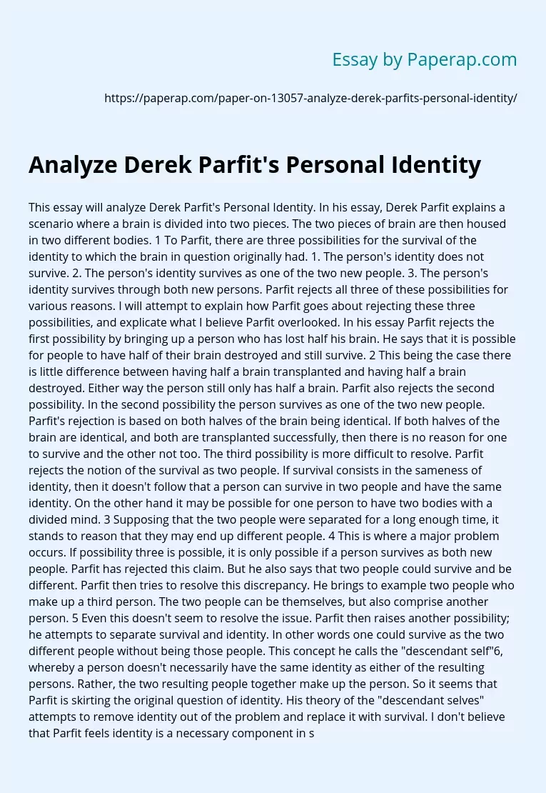Analyze Derek Parfit's Personal Identity