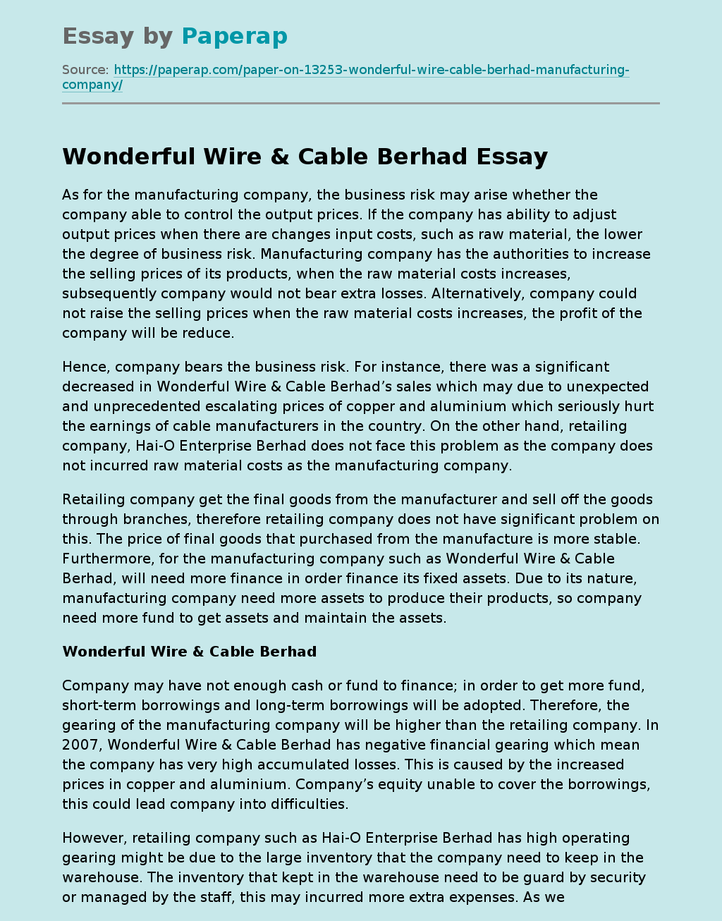Wonderful Wire & Cable Berhad