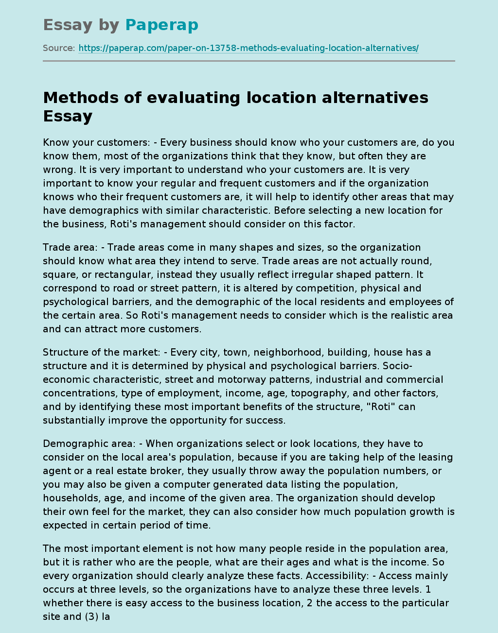 Methods of evaluating location alternatives